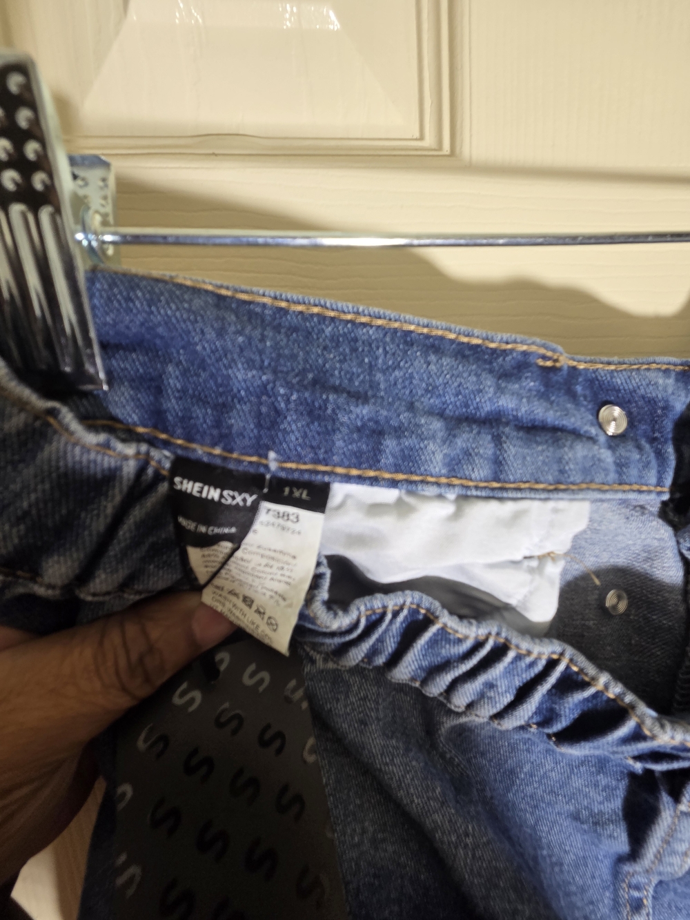SHEIN Blue Distressed High-Waist Button-Front Denim Shorts - Picture 5 of 5